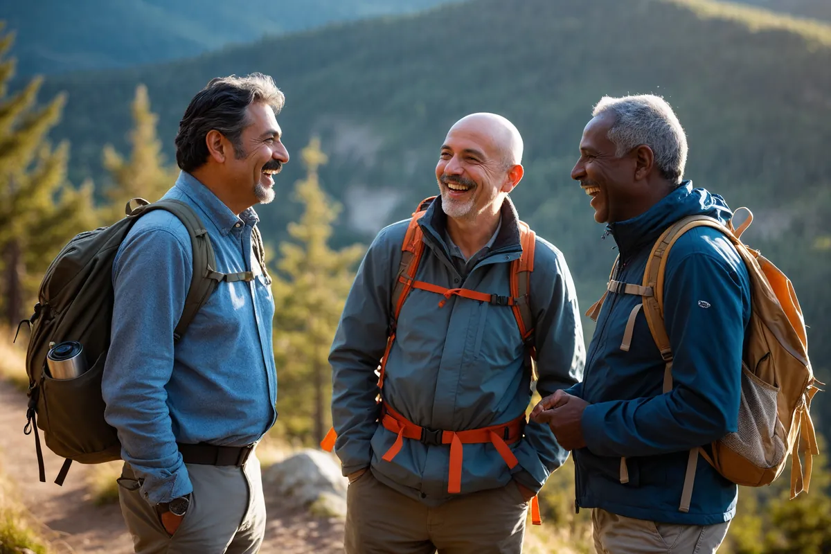 Three men in their 60s laughing together on a hiking trail