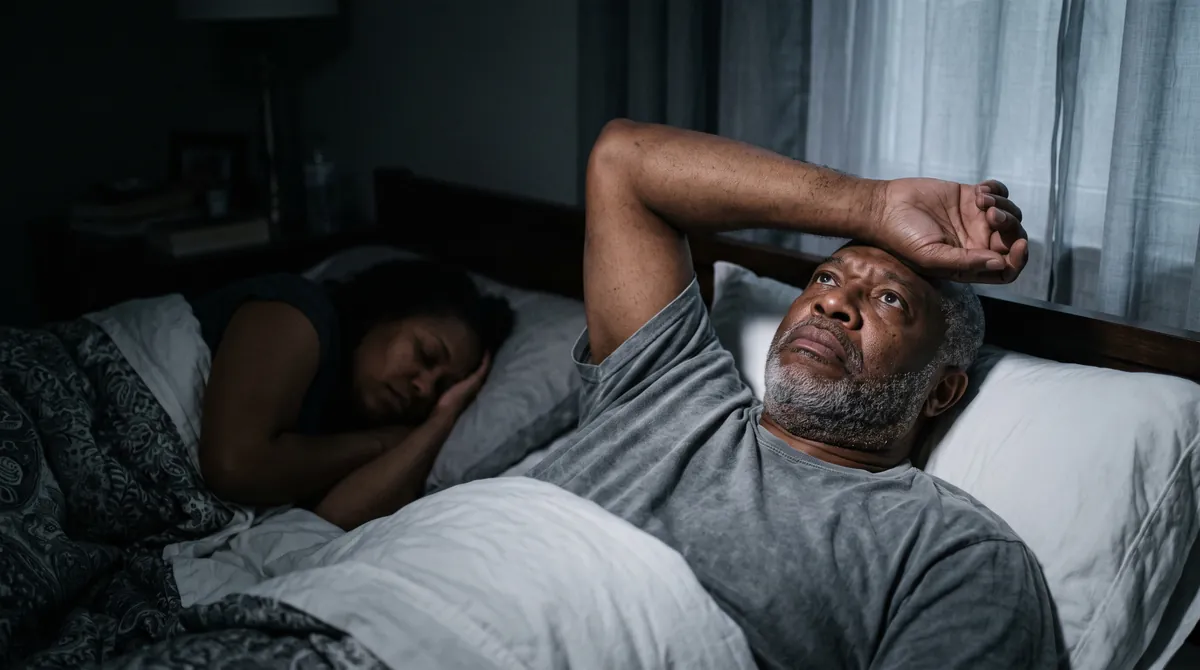 A man lying awake in bed in the early morning darkness