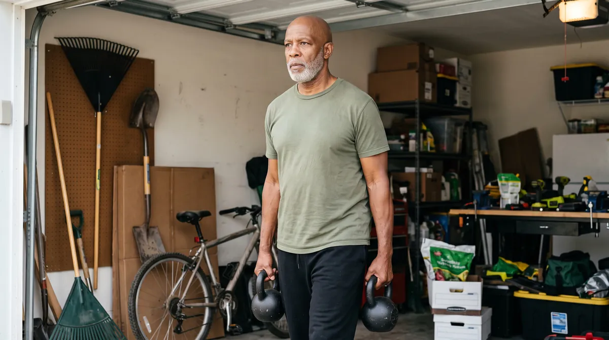 A man carrying two kettlebells across his garage