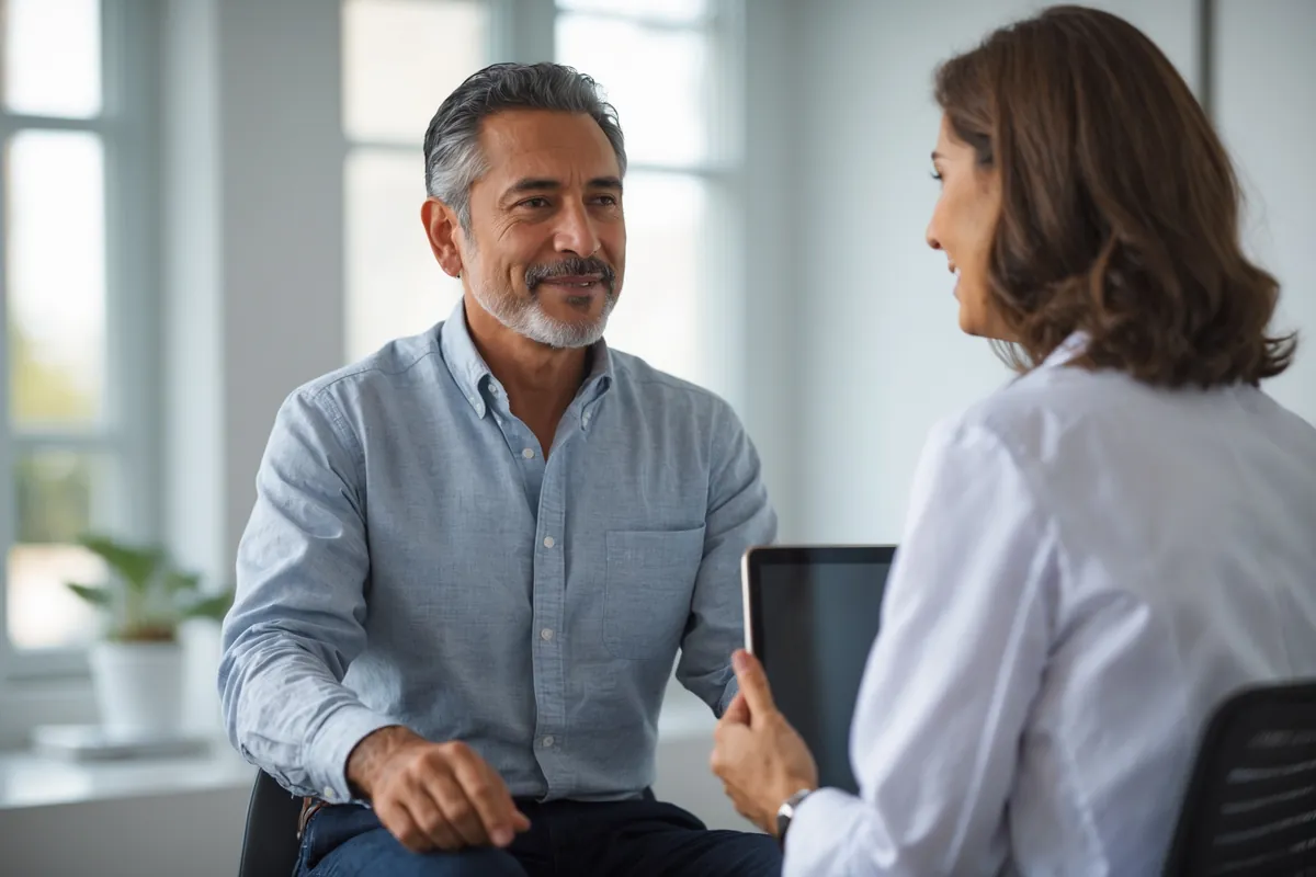 A man in his early 60s talking with his doctor in an exam room