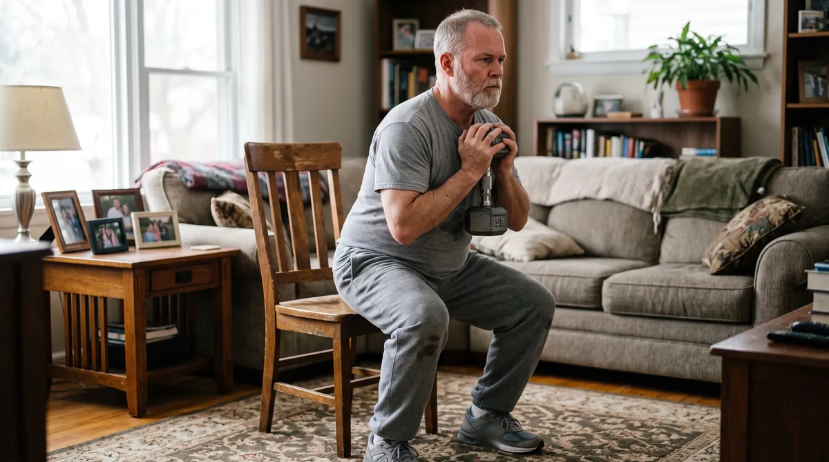 A man in his 60s doing a dumbbell row at home