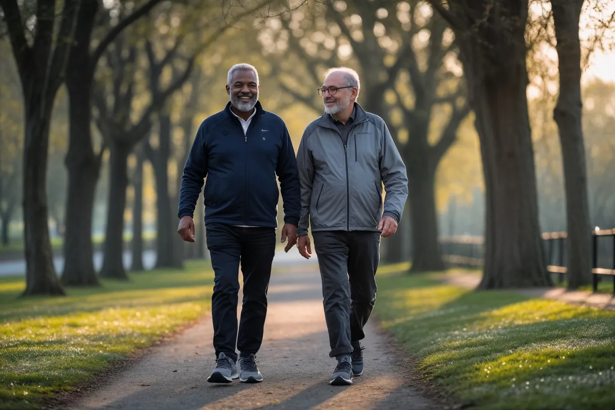 Two men in their 60s walking briskly on a park trail in the morning